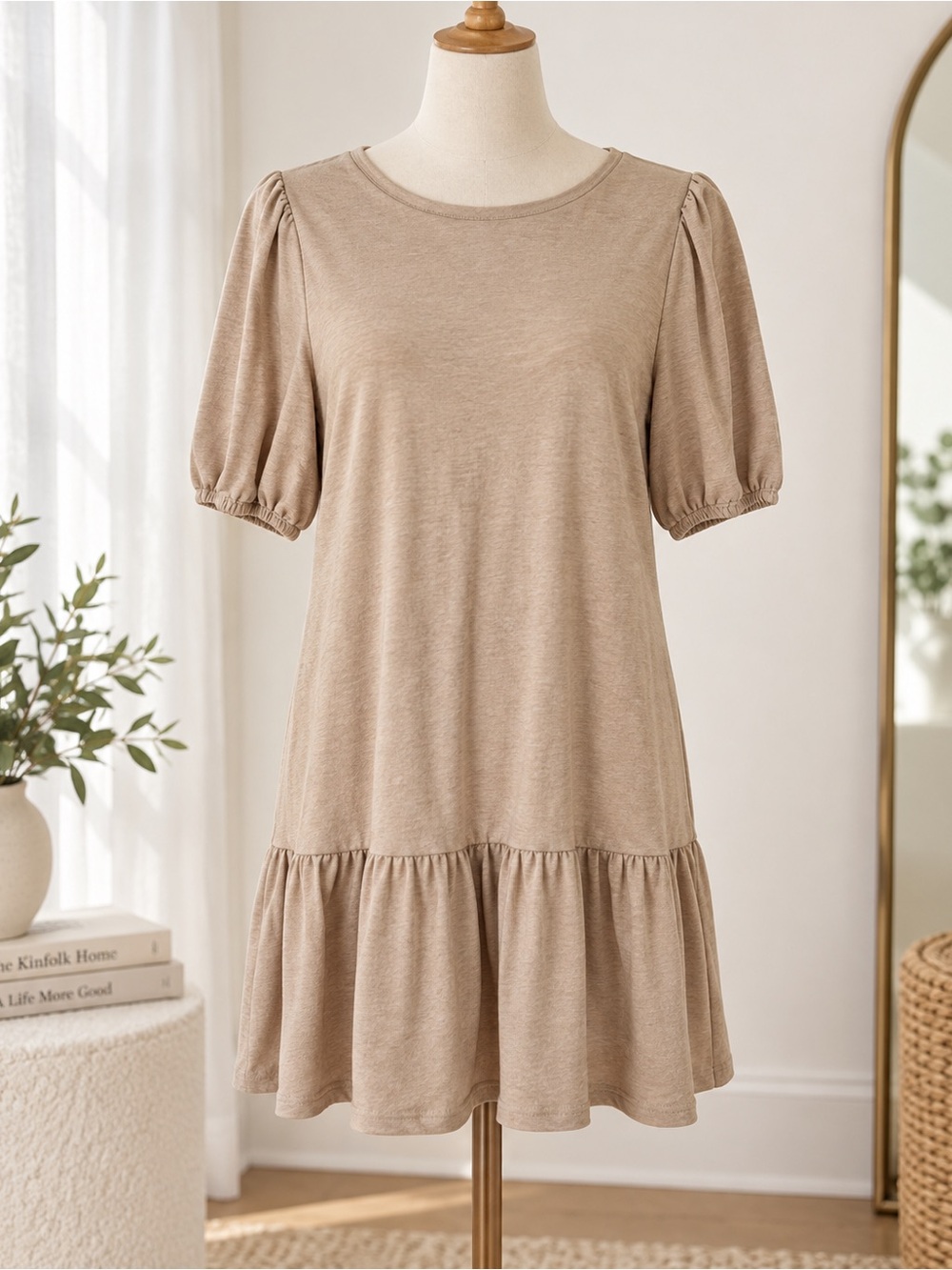 Cute beige/taupe casual dress with puff sleeves and a flowy ruffle hem